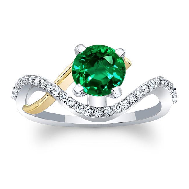 White Yellow Gold Curved Lab Emerald And Diamond Wedding Ring