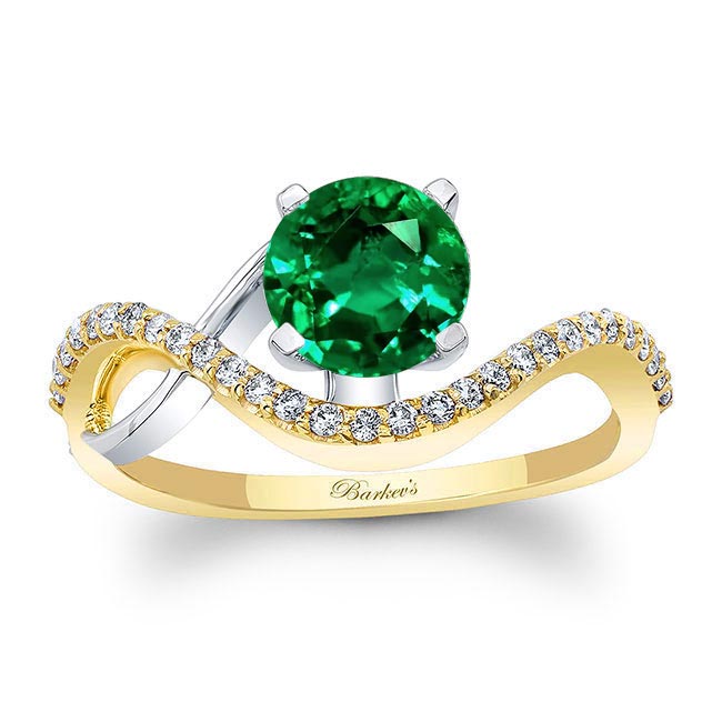Yellow Gold Curved Lab Emerald And Diamond Wedding Ring