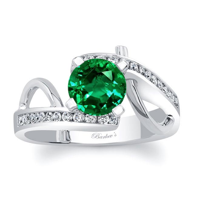 White Gold Curved Trim Emerald And Diamond Engagement Ring