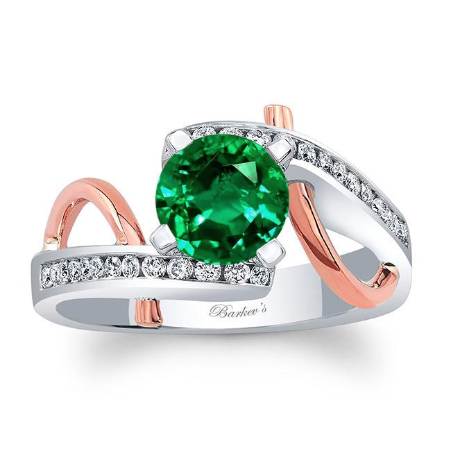 White Rose Gold Curved Trim Emerald And Diamond Engagement Ring