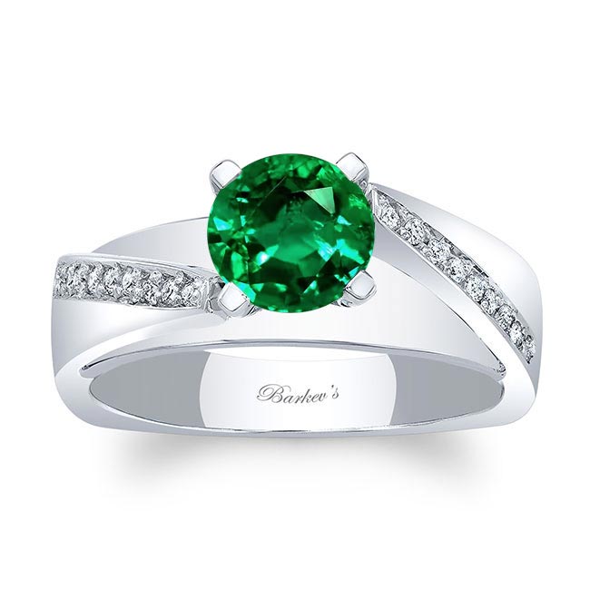White Gold Split Shank Pave Emerald And Diamond Engagement Ring