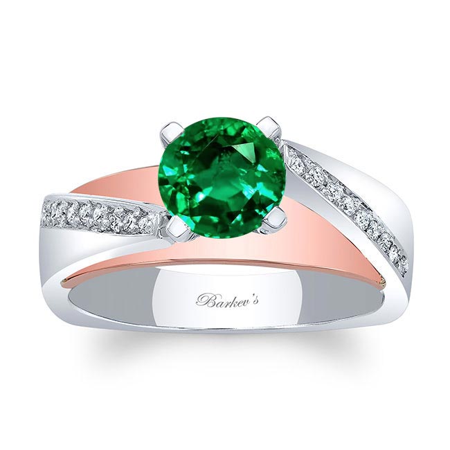 White Rose Gold Split Shank Pave Emerald And Diamond Engagement Ring