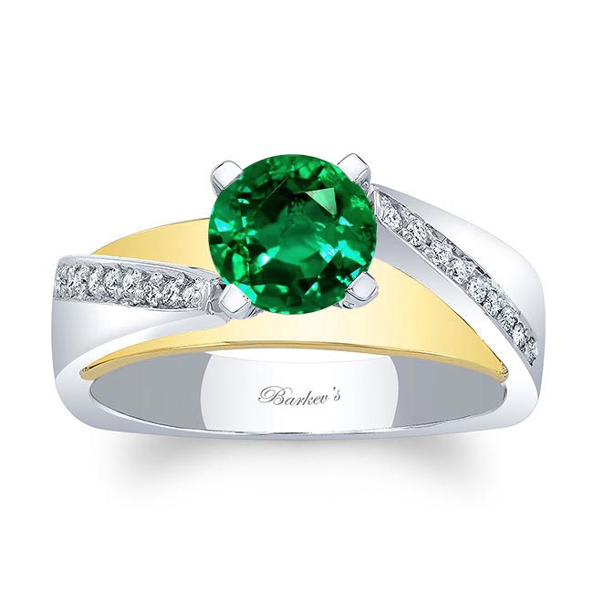 White Yellow Gold Split Shank Pave Lab Emerald And Diamond Engagement Ring