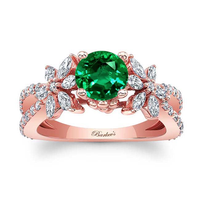 Rose Gold Lab Emerald And Diamond Flower Ring