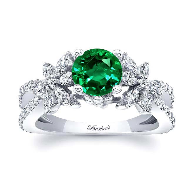 White Gold Lab Emerald And Diamond Flower Ring