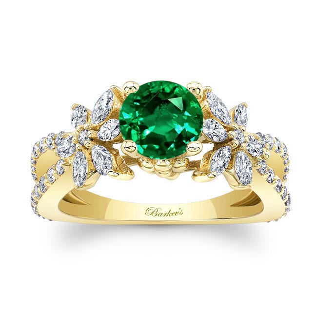 Yellow Gold Lab Emerald And Diamond Flower Ring