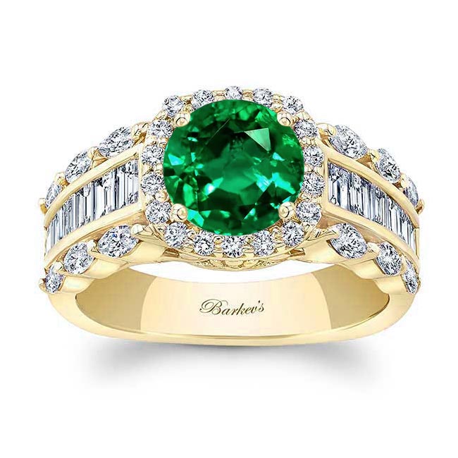 Yellow Gold Lab Emerald And Diamond Baguette Ring