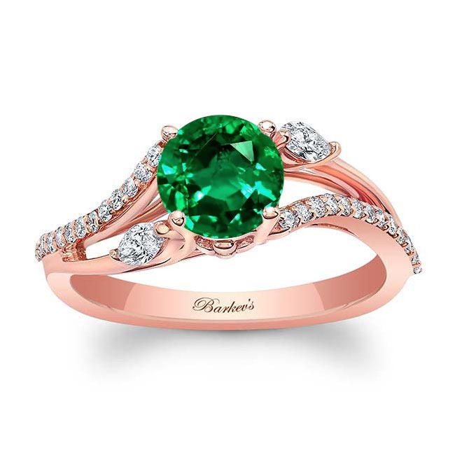 Rose Gold Curved Split Shank Lab Emerald And Diamond Ring