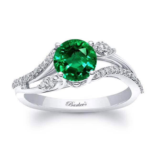 White Gold Curved Split Shank Emerald And Diamond Ring