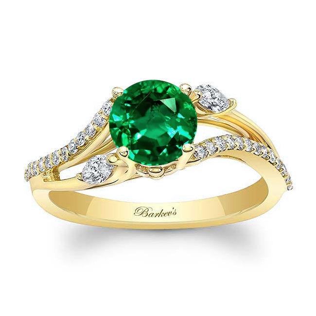 Yellow Gold Curved Split Shank Emerald And Diamond Ring