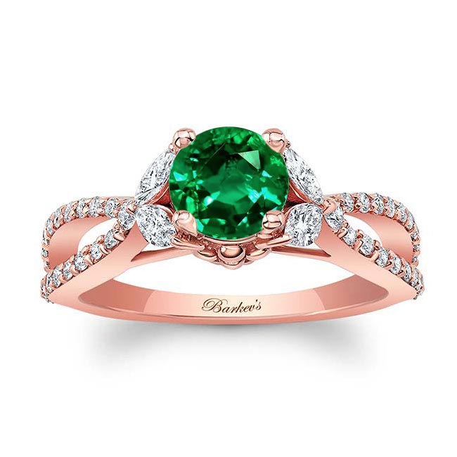 Rose Gold Lab Grown Emerald And Diamond Leaf Ring