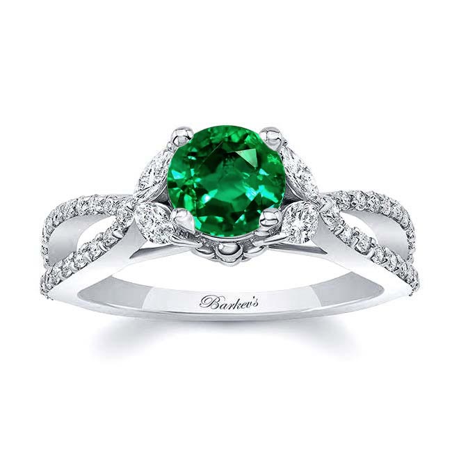 White Gold Emerald And Diamond Leaf Ring