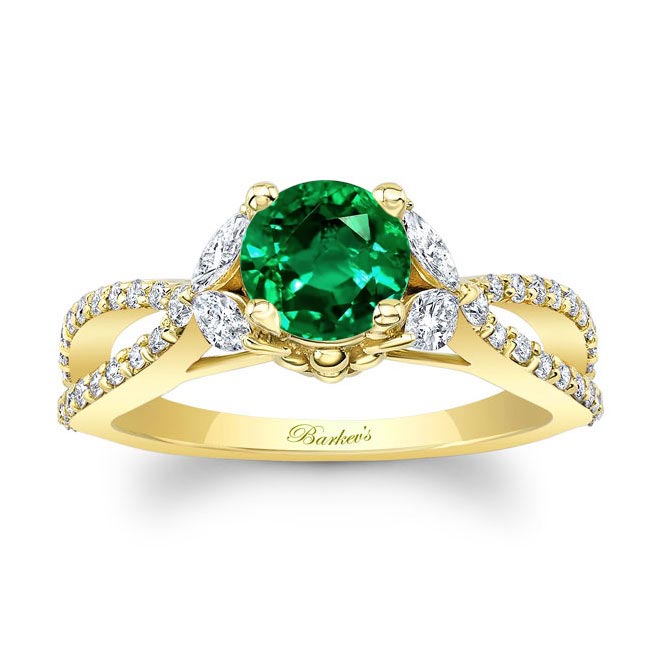Yellow Gold Emerald And Diamond Leaf Ring