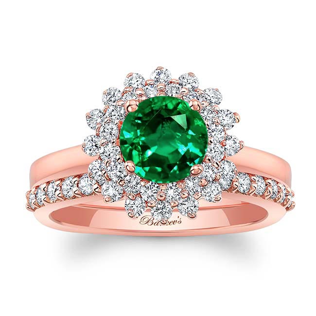 Rose Gold Starburst Lab Emerald And Diamond Bridal Set