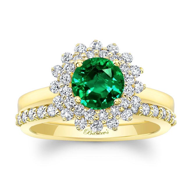 Yellow Gold Starburst Lab Emerald And Diamond Bridal Set