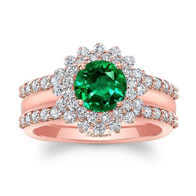 Rose Gold Starburst Lab Emerald And Diamond Bridal Set With Two Bands
