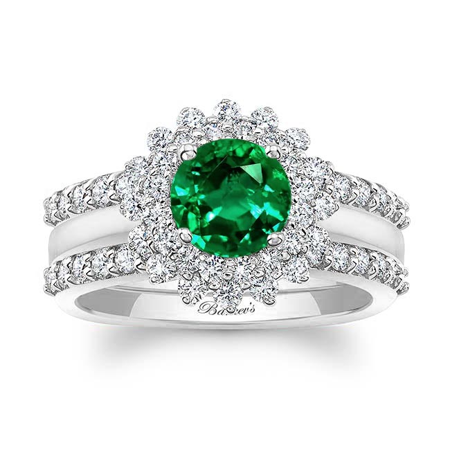 White Gold Starburst Lab Emerald And Diamond Bridal Set With Two Bands