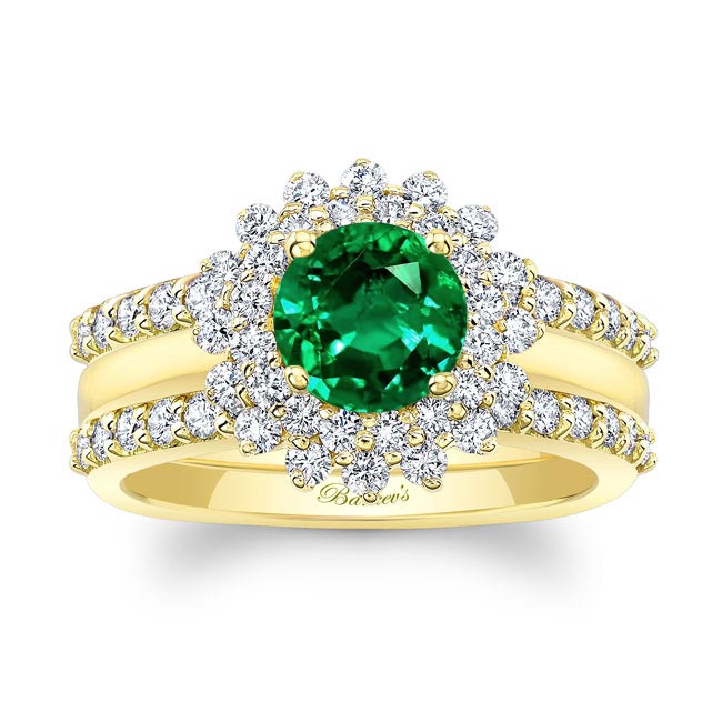 Yellow Gold Starburst Emerald And Diamond Bridal Set With Two Bands