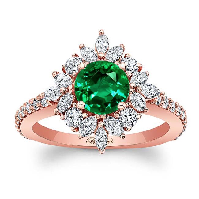 Rose Gold Marquise Halo Lab Emerald And Diamond Engagement Ring