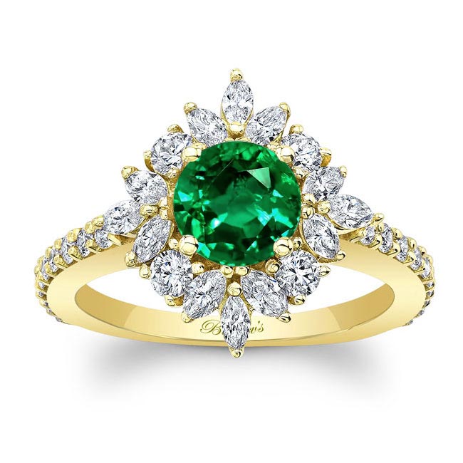Yellow Gold Marquise Halo Lab Emerald And Diamond Engagement Ring