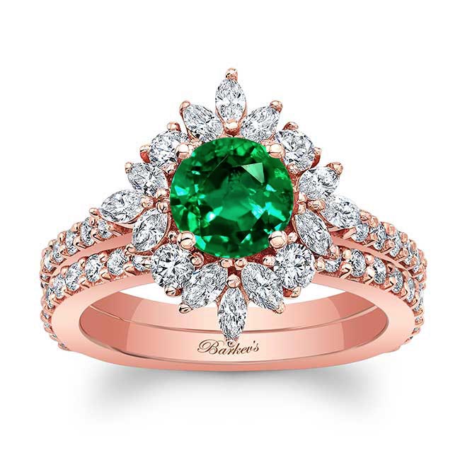 Rose Gold Marquise Halo Lab Emerald And Diamond Wedding Set