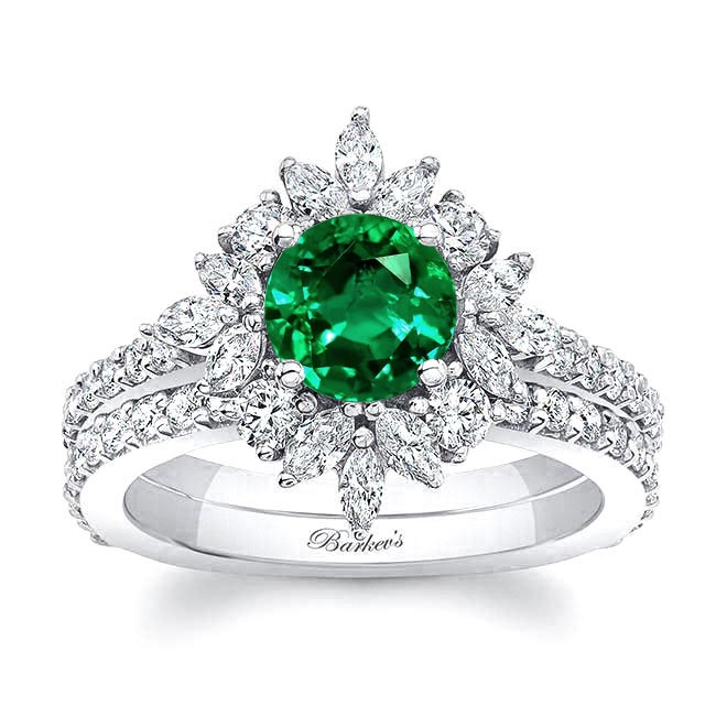 Platinum Marquise Halo Lab Emerald And Diamond Wedding Set