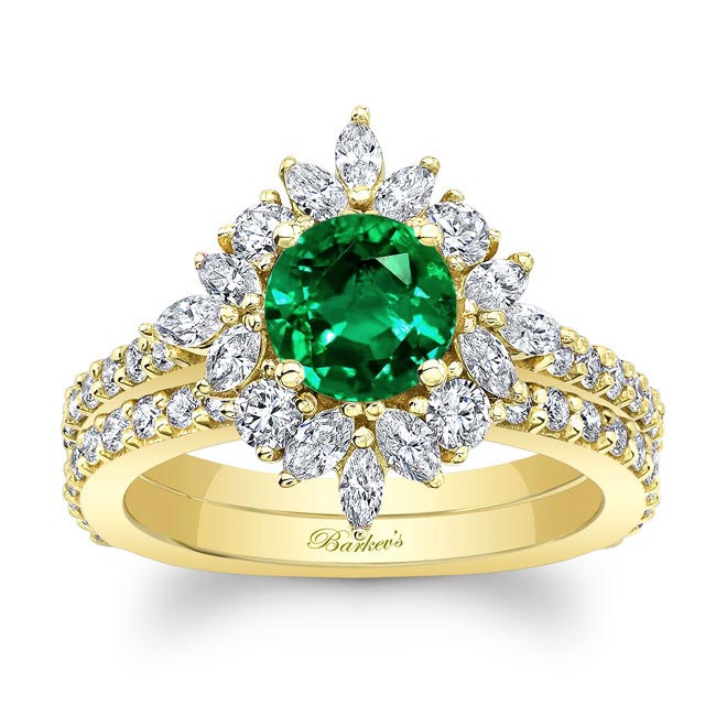 Yellow Gold Marquise Halo Lab Emerald And Diamond Wedding Set