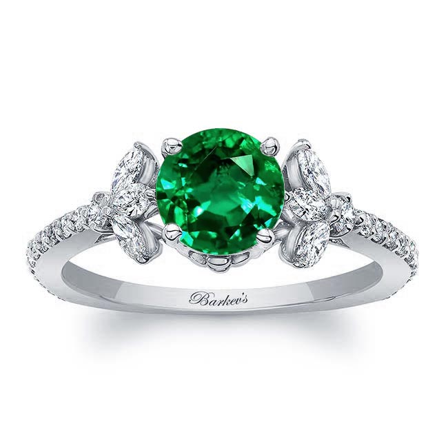 White Gold Emerald And Diamond Leaf Engagement Ring
