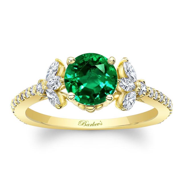 Yellow Gold Emerald And Diamond Leaf Engagement Ring