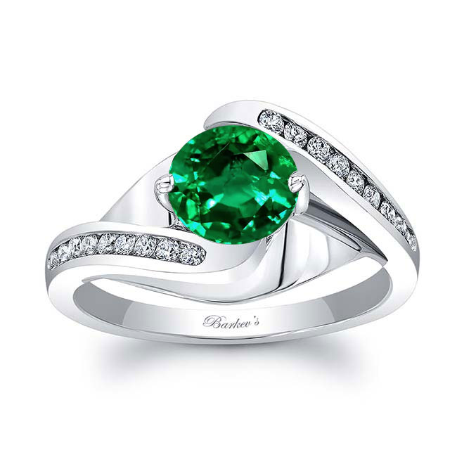 White Gold Split Shank Cathedral Emerald And Diamond Engagement Ring