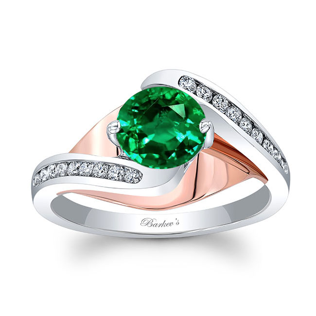 White Rose Gold Split Shank Cathedral Emerald And Diamond Engagement Ring