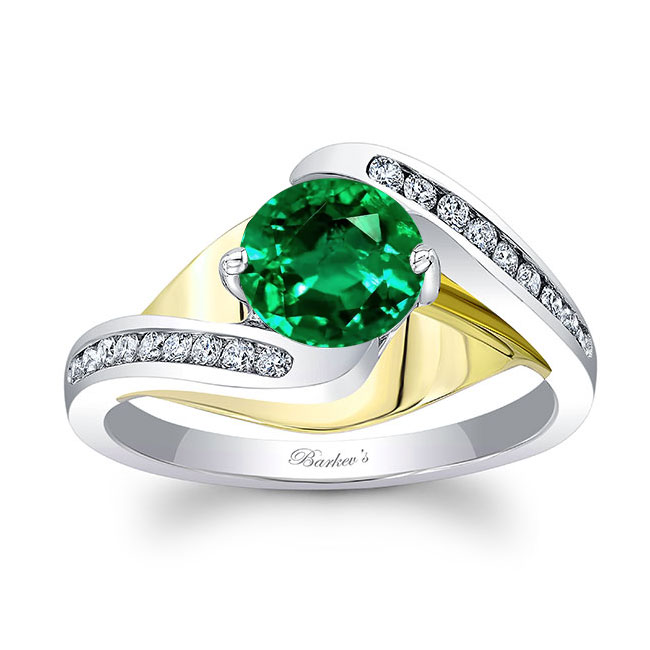 White Yellow Gold Split Shank Cathedral Lab Emerald And Diamond Engagement Ring