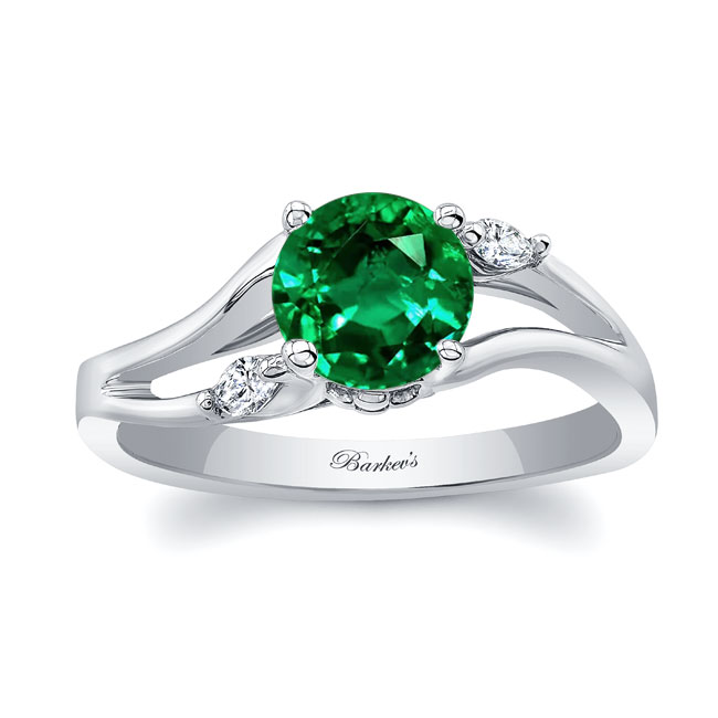 White Gold V Shaped Emerald And Diamond Ring
