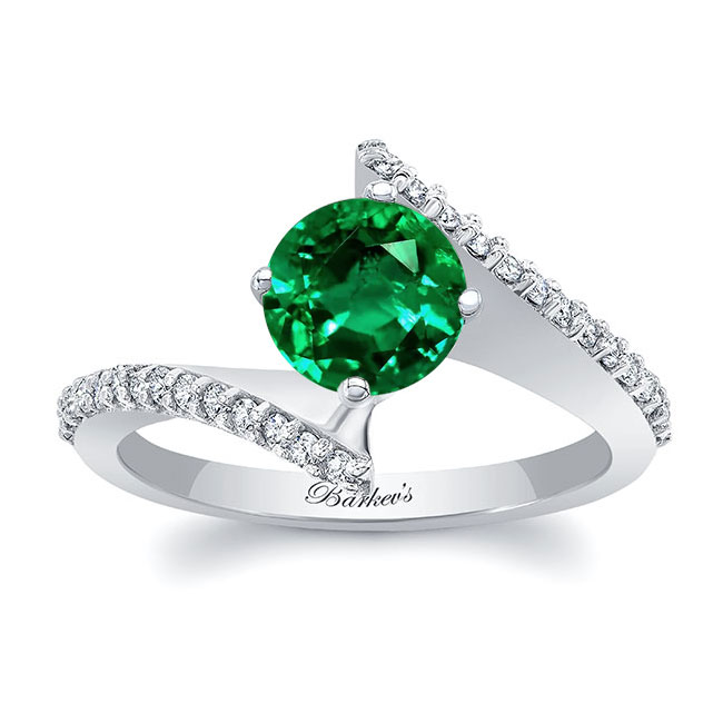 White Gold Modern Bypass Emerald And Diamond Engagement Ring