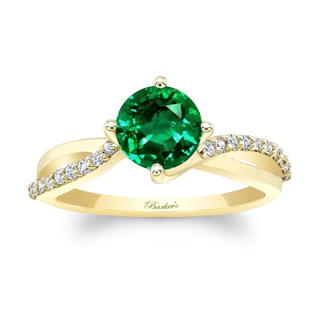 Yellow Gold Twisted Lab Grown Emerald And Diamond Engagement Ring
