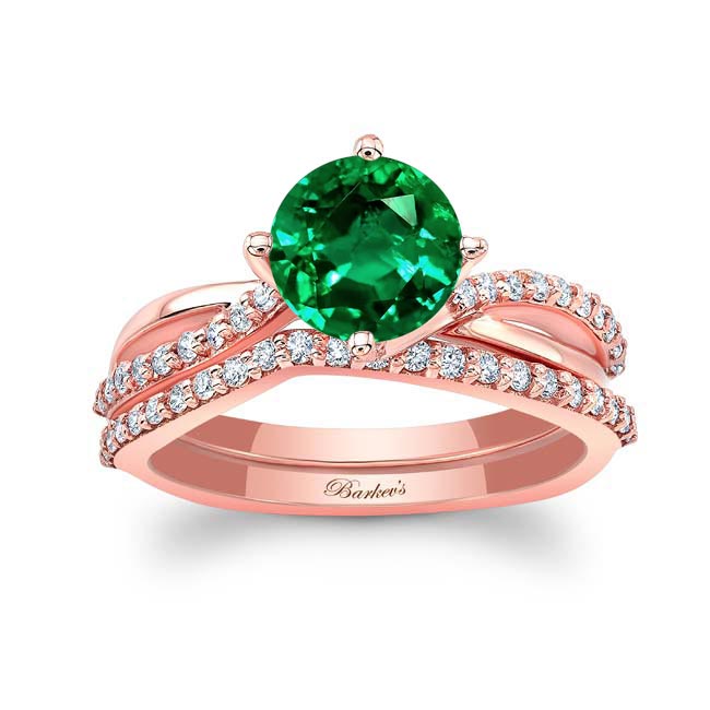 Rose Gold Twisted Lab Grown Emerald And Diamond Bridal Set