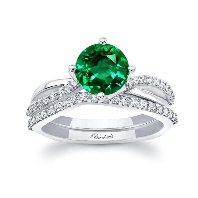 White Gold Twisted Lab Grown Emerald And Diamond Bridal Set