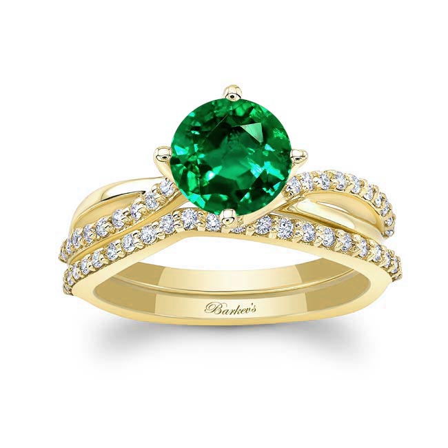 Yellow Gold Twisted Lab Grown Emerald And Diamond Bridal Set
