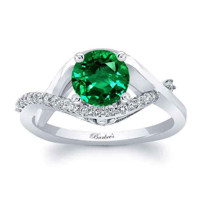 White Gold Criss Cross Lab Grown Emerald And Diamond Engagement Ring