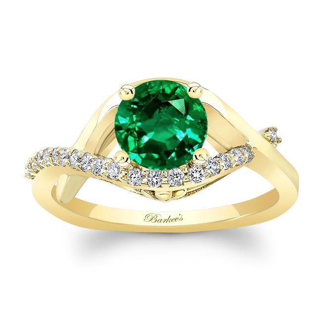 Yellow Gold Criss Cross Lab Grown Emerald And Diamond Engagement Ring