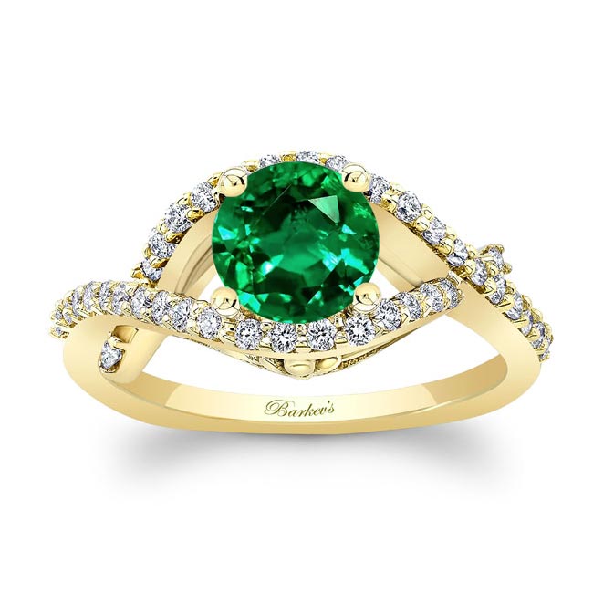 Yellow Gold Criss Cross Emerald And Diamond Ring
