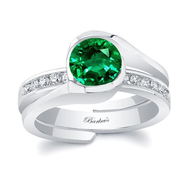 White Gold Half Bezel Emerald And Diamond Interlocking Bridal Set