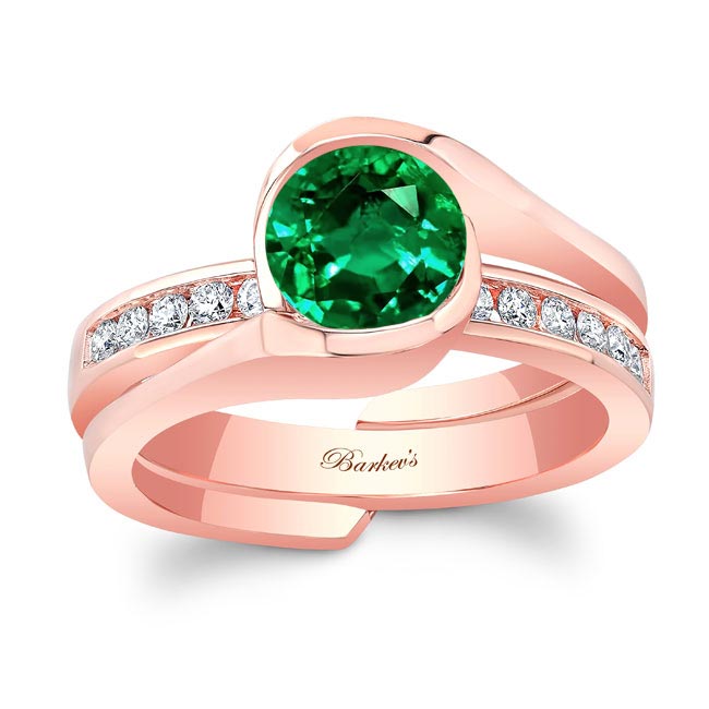 Rose Gold Half Bezel Emerald And Diamond Interlocking Bridal Set