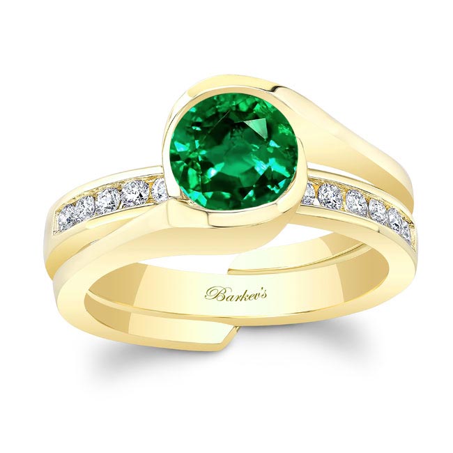 Yellow Gold Half Bezel Lab Grown Emerald And Diamond Interlocking Bridal Set