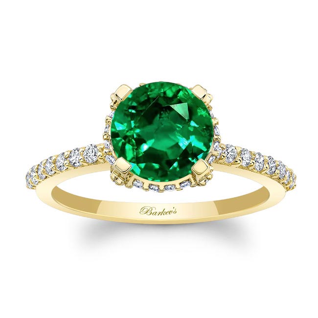 Yellow Gold Lab Grown Emerald And Diamond Hidden Halo Ring