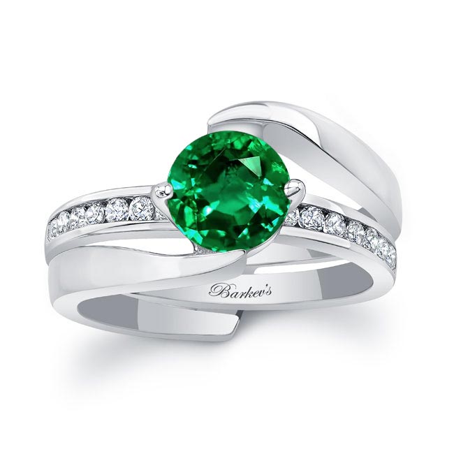Interlocking Lab Grown Emerald And Diamond Wedding Ring Set