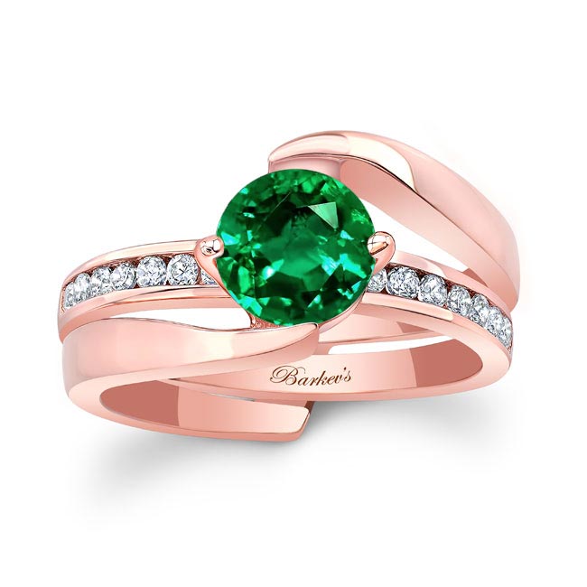 Rose Gold Interlocking Emerald And Diamond Wedding Ring Set