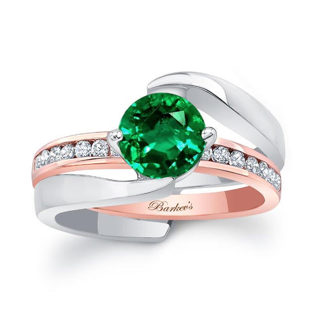 White Rose Gold Interlocking Lab Grown Emerald And Diamond Wedding Ring Set