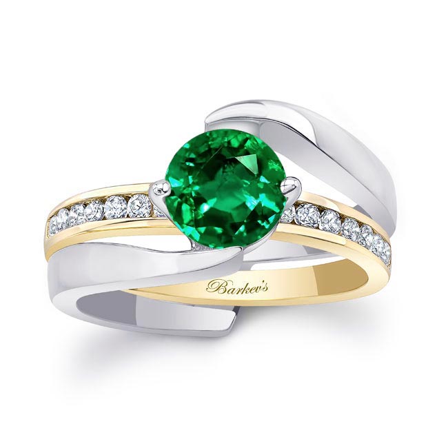 White Yellow Gold Interlocking Lab Grown Emerald And Diamond Wedding Ring Set