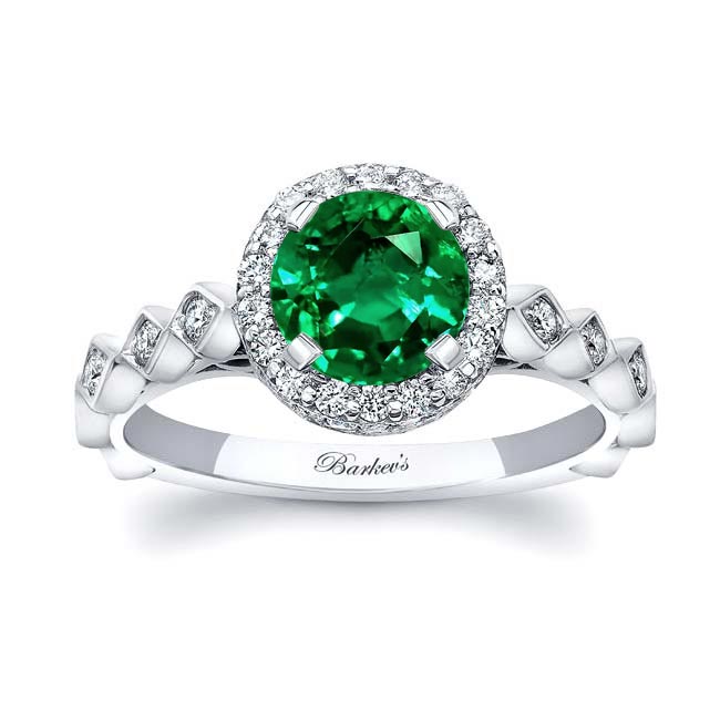 White Gold Vintage Halo Emerald And Diamond Ring